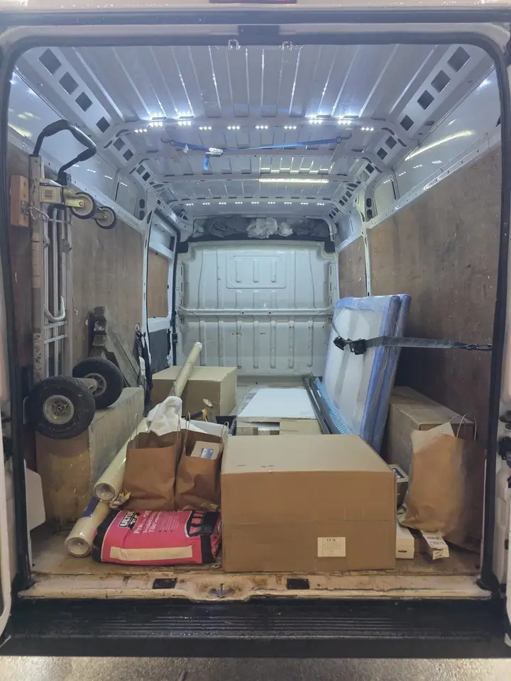 Bathroom fittings and boxes loaded in the Arrow van